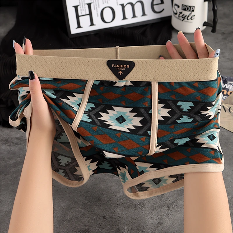 印花冰丝男士平角裤复古新款夏舒适个性潮流短裤头冰丝四角短裤衩