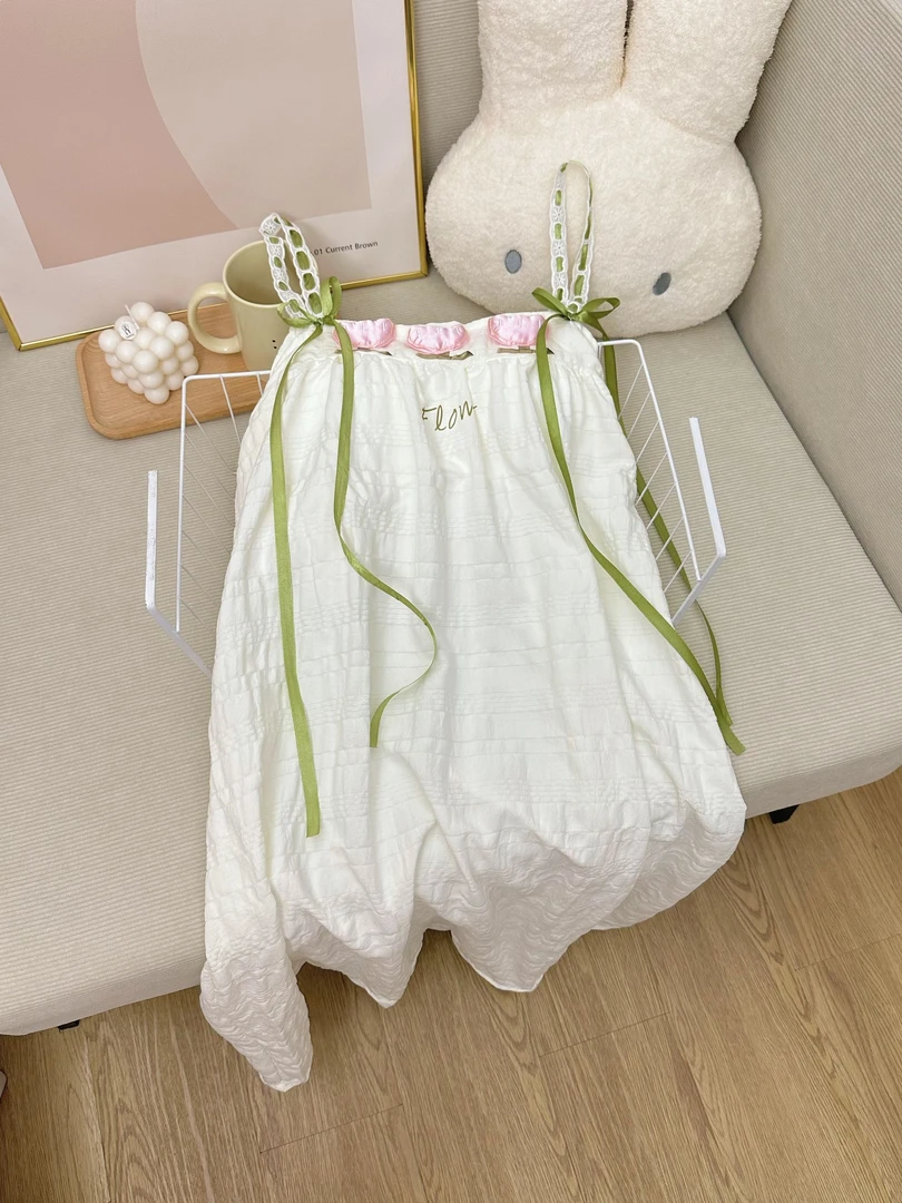 夏日新款韩版吊带睡裙提花纯色甜美夏季睡衣女带胸垫中长款家居服