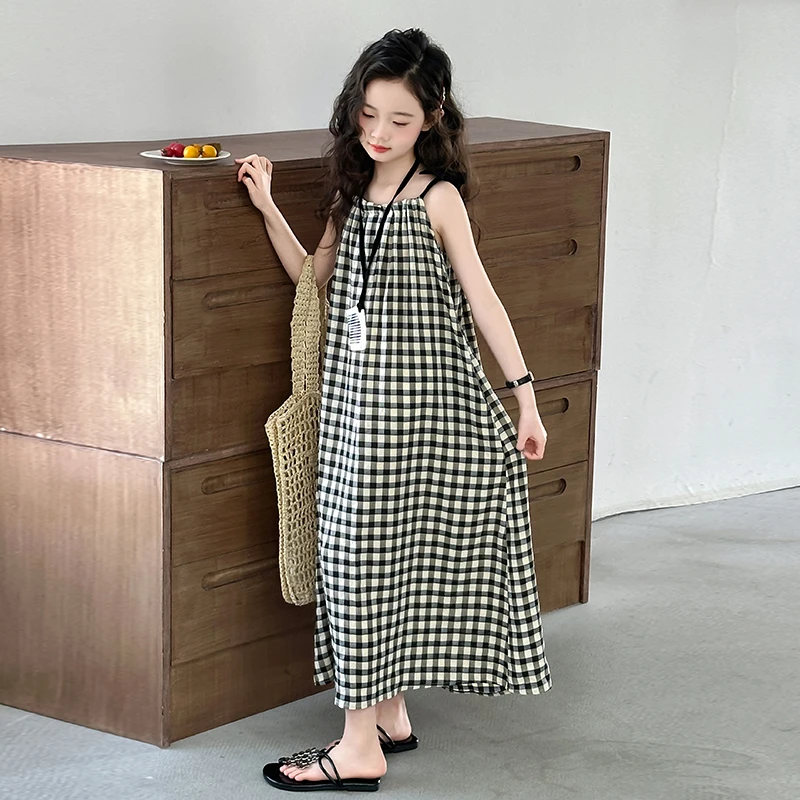 女童法式格子吊带裙夏装儿童海边连衣裙宝宝裙子白色度假长裙童装