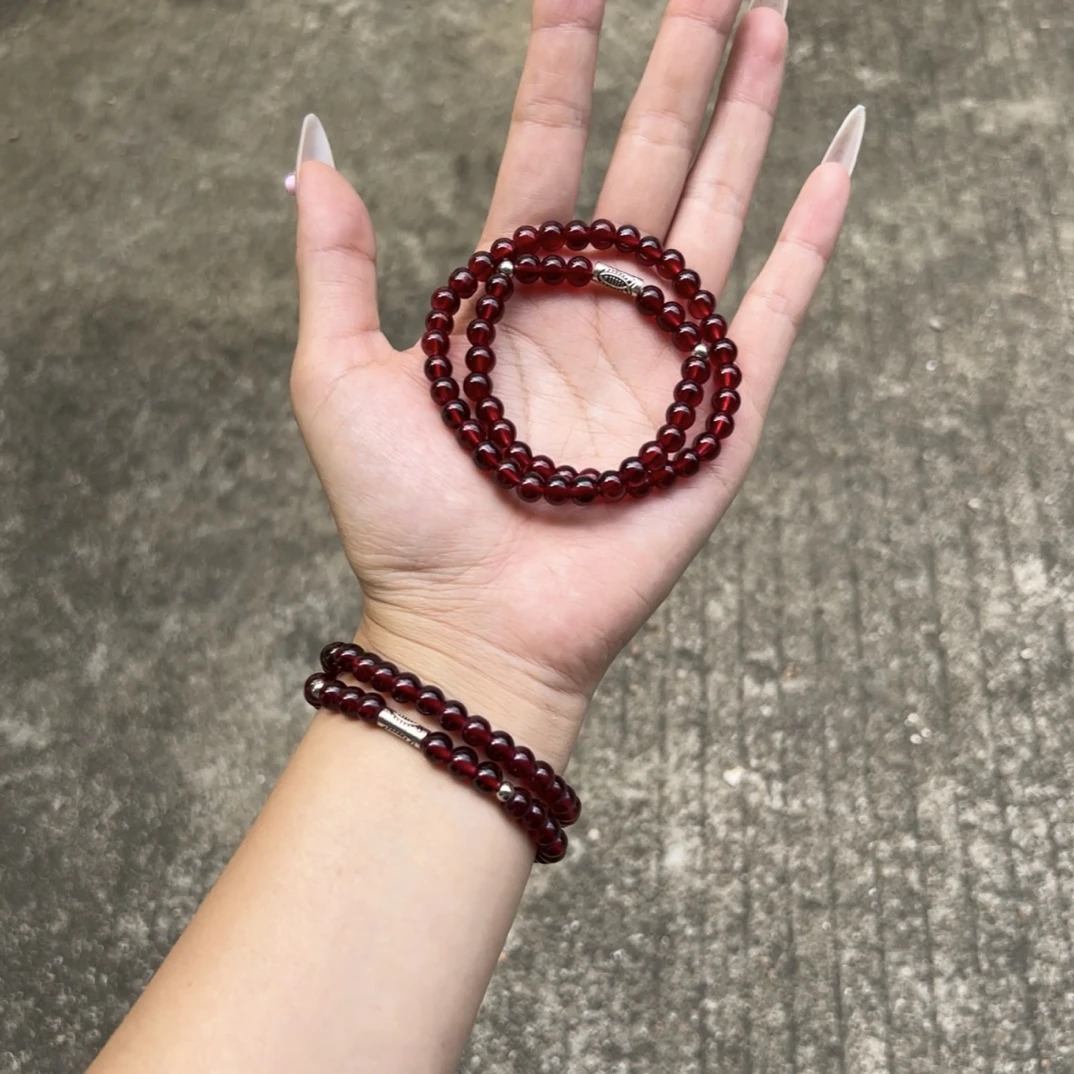 合金玻璃手链 新中式双圈石榴红手链女复古手串手饰送闺蜜礼物