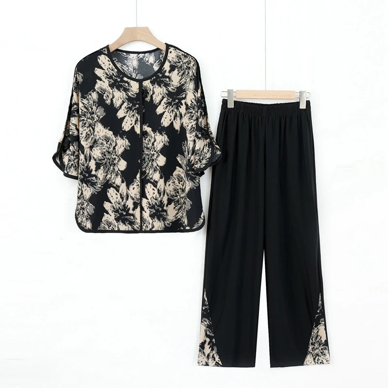 9500 妈妈装洋气气质中袖春夏套装中老年松紧腰裤子两件套印花