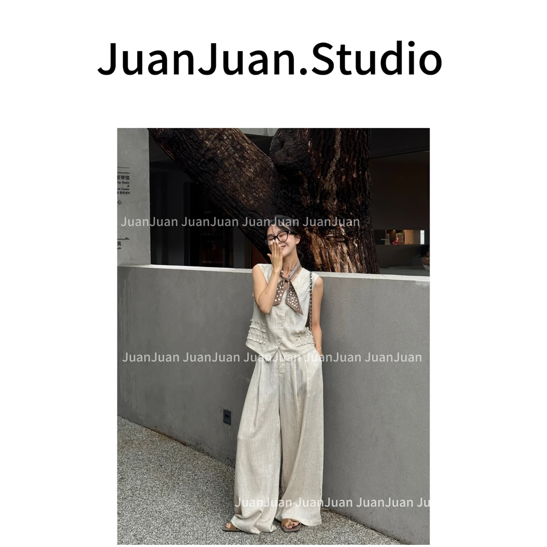 【蔓生草色】一排扣设计感上衣＋直筒阔腿裤两件套