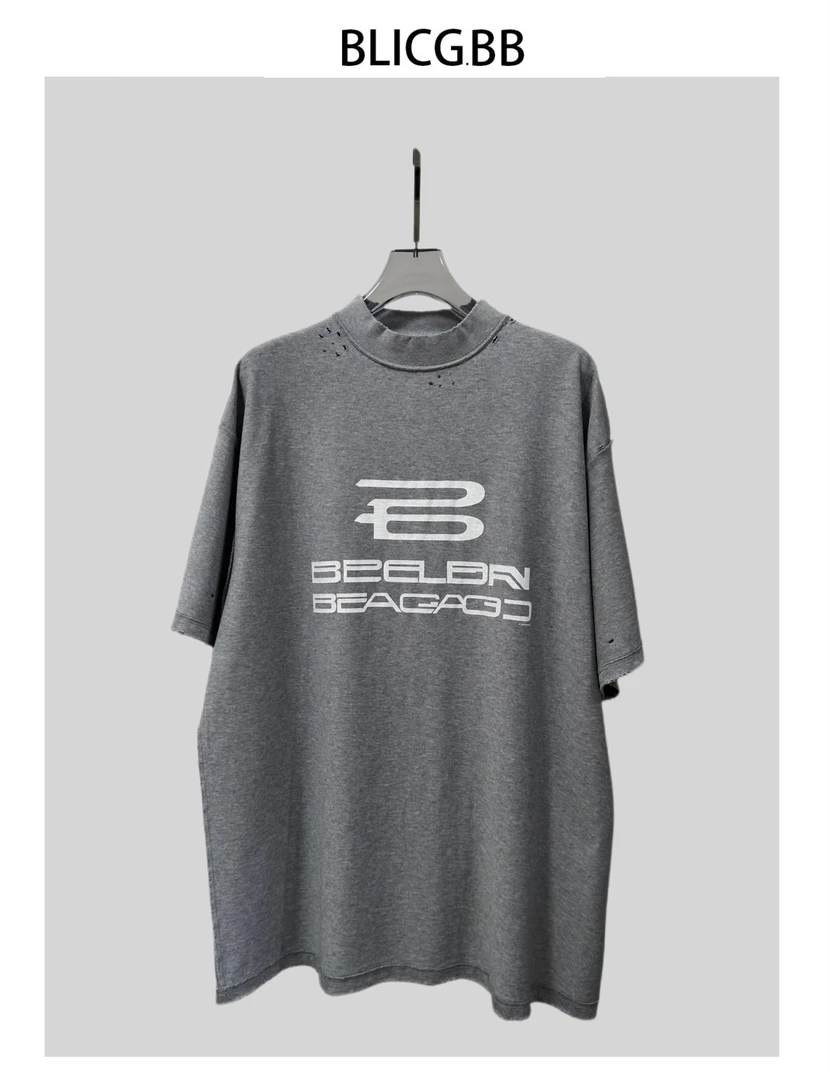 BLICG.BB《BL AI字母》 巴黎风高克重破洞圆领宽松T恤 男女同款