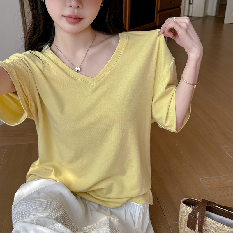 高级慵懒风宽松短袖T恤女百搭显瘦中长款马卡龙色纯色上衣