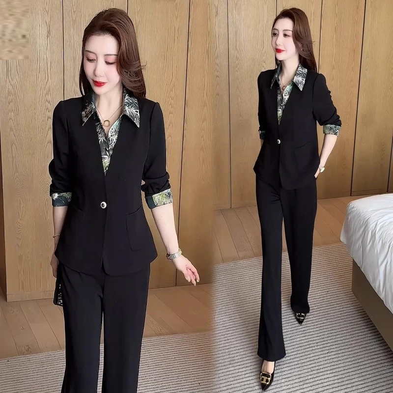 时尚套装女2025春季新款时髦洋气印花拼接POLO领外套阔腿裤两件套