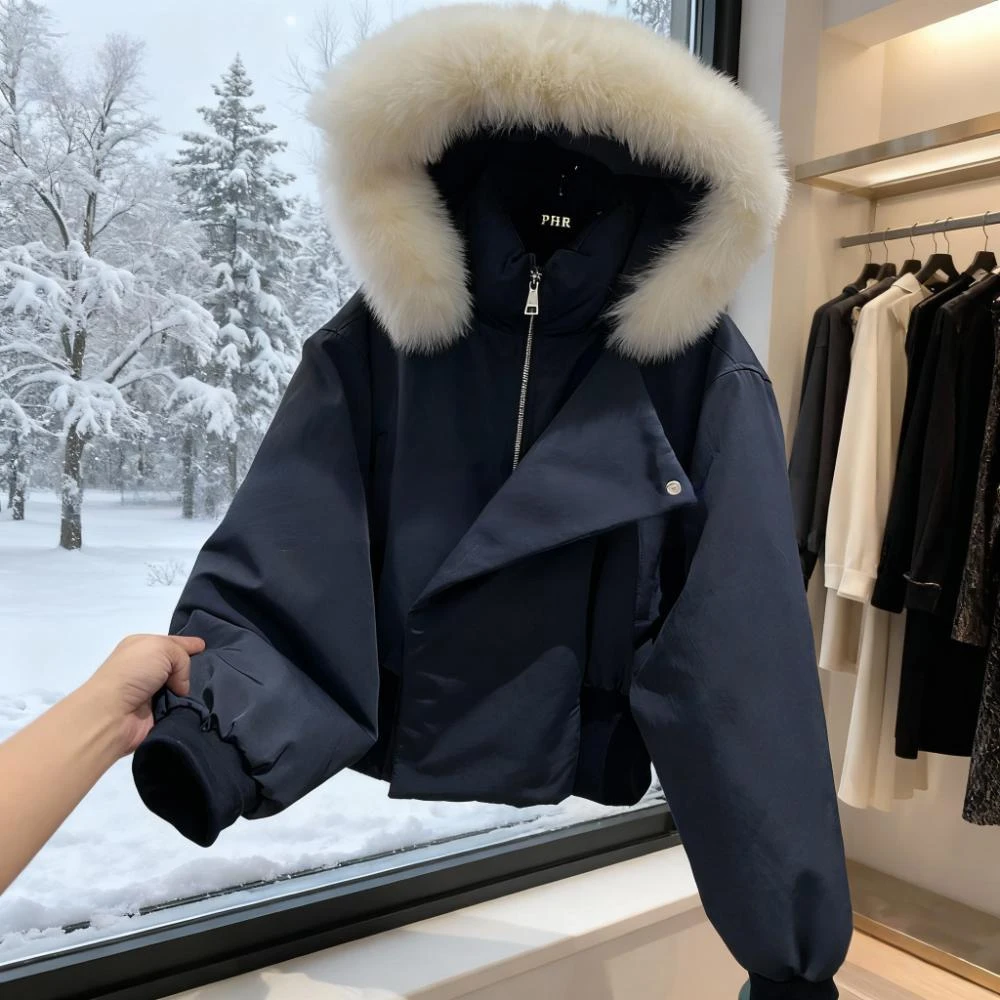 高端欧货2025冬装新款简约时尚休闲连帽服女短款设计感面包服外套