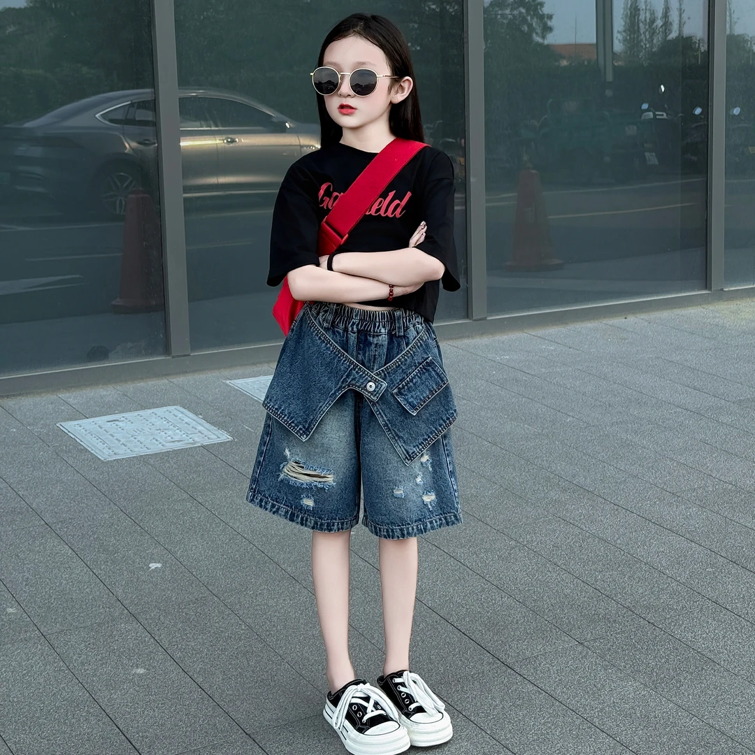 女童夏季2025新款洋气休闲韩版印花T恤设计感牛仔中裤两件套潮酷