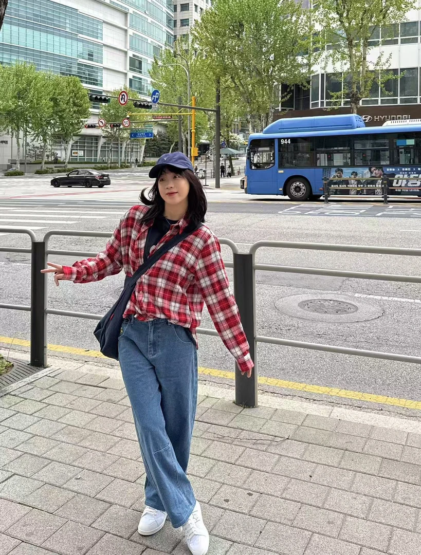 Sevbasks 2025 七七家韩版  东大门新款红棋盘格棉制气质衬衫