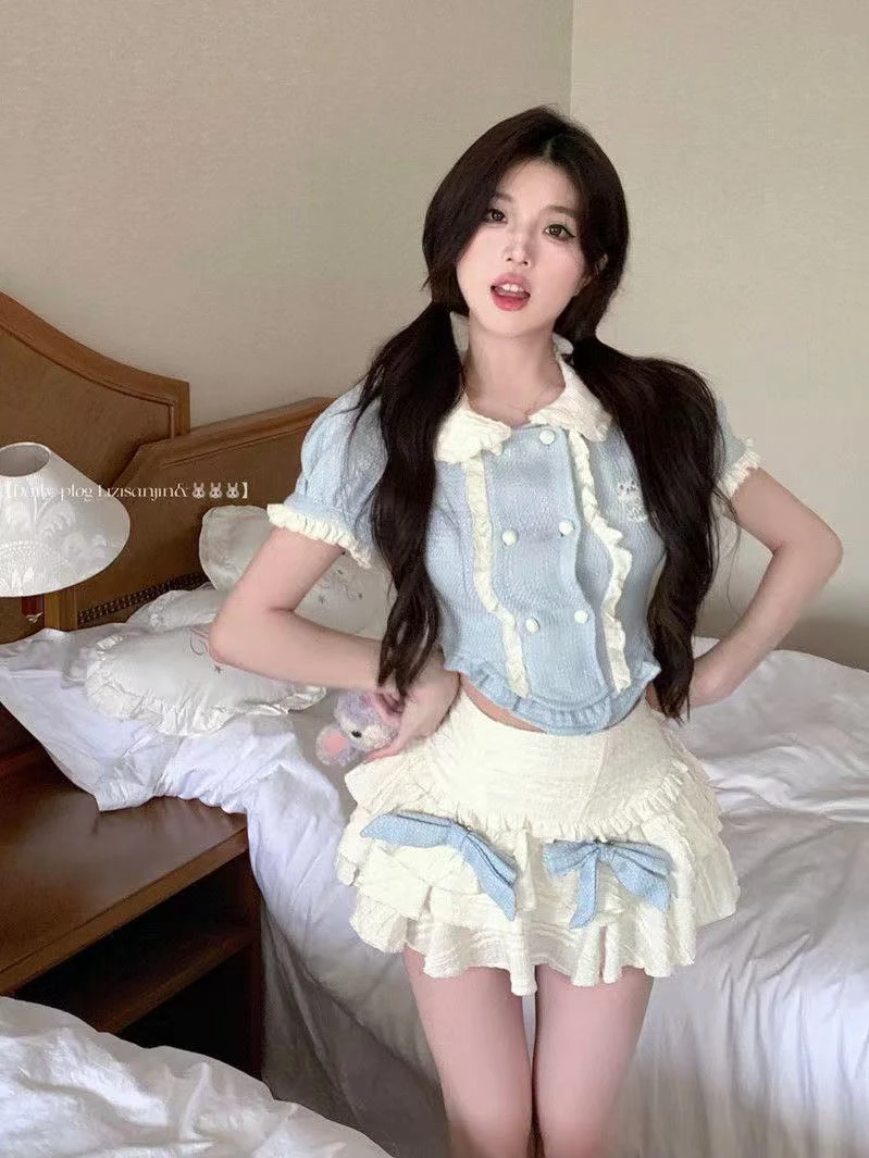 少女椰子 少女感甜美气质夏季蝴蝶结宫廷风泡泡袖上衣蛋糕裙套装