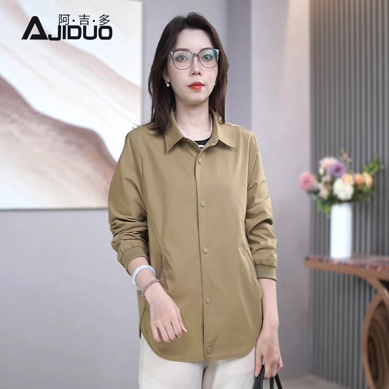 A50170阿吉多早秋长袖薄款风衣女2025新款卡其色大码高级简约外套