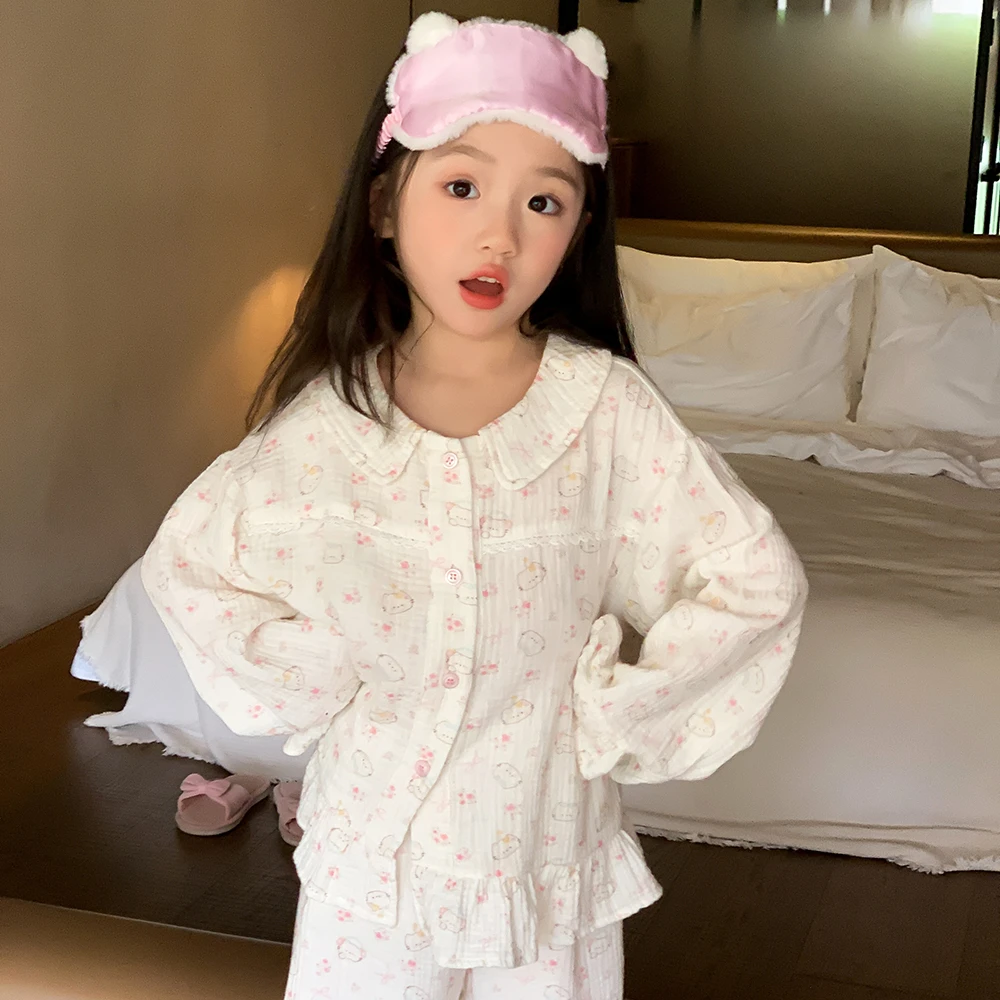 女童睡衣a类纯棉春秋款儿童家居服全棉宝宝棉纱睡衣儿童58