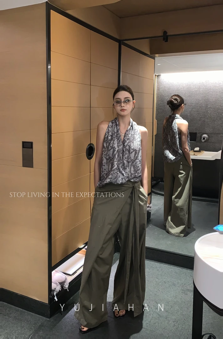 YUJIAHAN于佳含-艺术感挂脖吊带法式无袖上衣＋设计师款侧系带裤