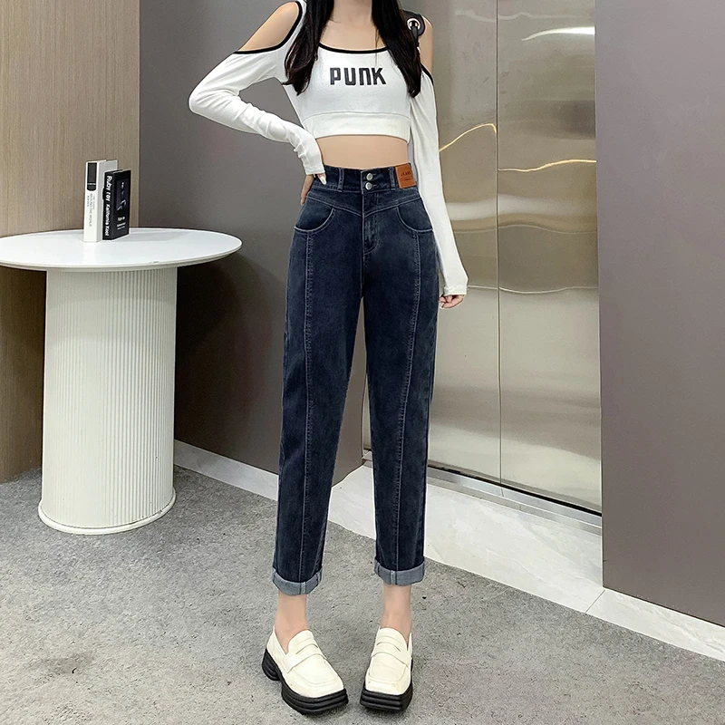 高腰哈伦牛仔裤女2025秋冬新款显瘦遮肉直筒宽松大码萝卜老爹裤女