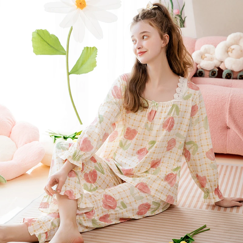 芬腾纯棉睡衣女田园花卉九分袖方领甜美女士家居服X98411036