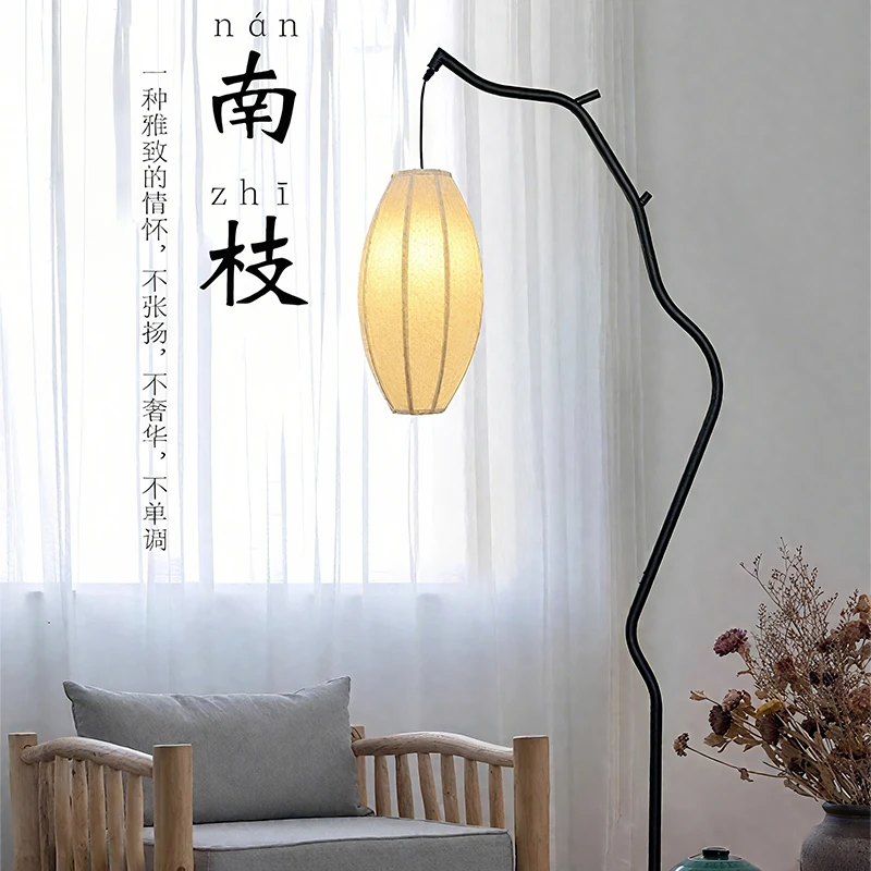 侘寂复古风树枝新中式禅意落地灯茶室书房氛围灯布艺灯笼钓鱼地灯