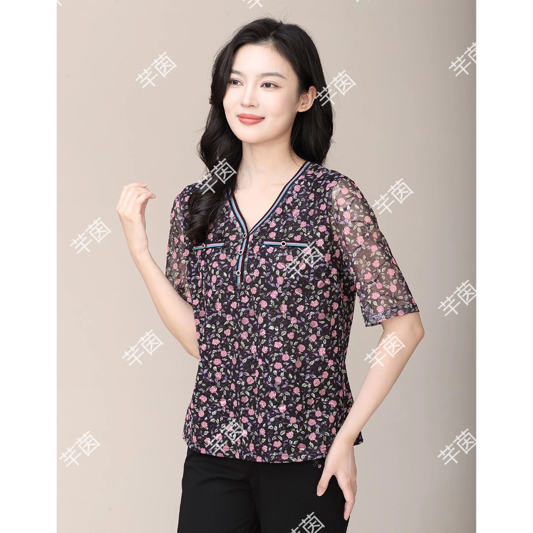 时尚蕾丝碎花上衣中年妈妈装夏季中袖小衫减龄高档小花衫透气衬衣