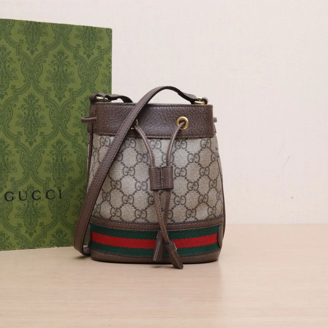 95新 GUCCI/古驰 小花双双 Ophidia 抽绳水桶包 Mini 15.5 乌木色