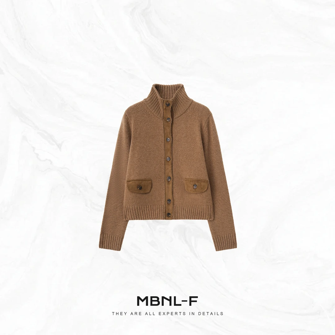 MBNL-F“麂皮浅卡” 100%澳洲进口绵羊毛拼皮开衫 秦磊XM-XKS6155