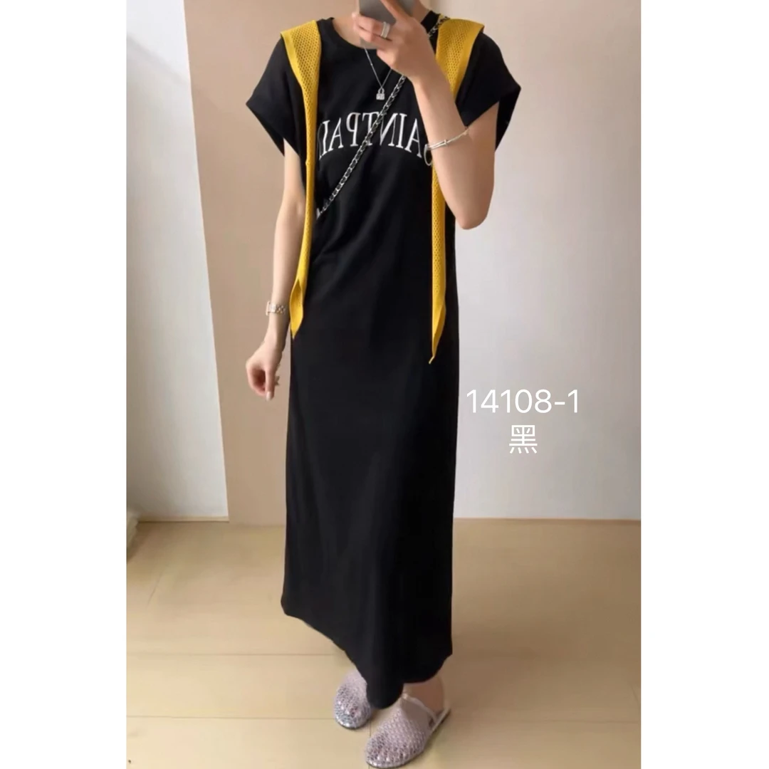 14108-1(裙长120cm左右）SANFAN  新款字母腰部打揽小飞袖连衣裙