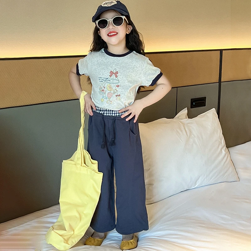 R25019韩版女童拼接卡通T恤衫春季新款假两件拼接抽绳直筒休闲裤