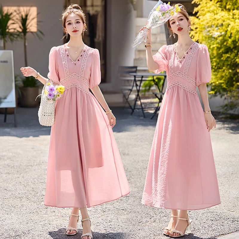法式小香风蕾丝钉珠连衣裙女2025夏季新款温柔风甜美时尚长款裙子