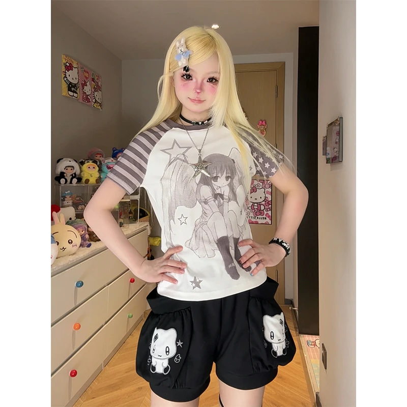 凛可爱 可爱宅萌小猫刺绣松紧腰短裤夏季新款宽松百搭显瘦花苞裤