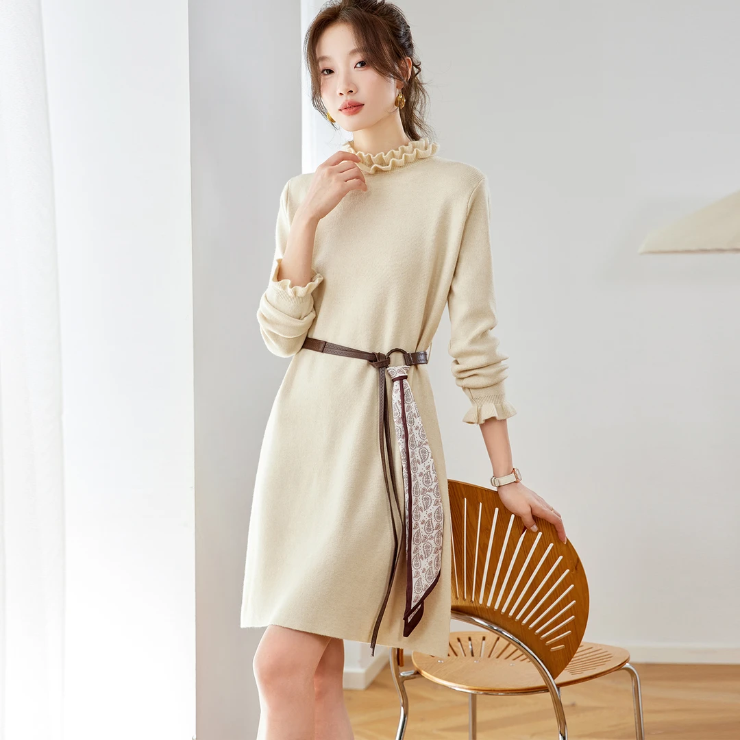 2025新款不褪色拼色半高领显瘦百搭木耳领冬季连衣裙套头款带腰带