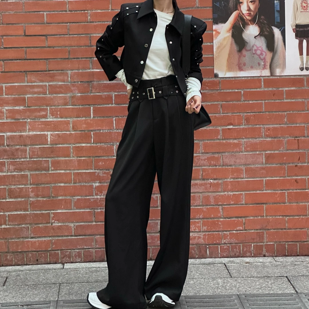 80753赫拉家春款休闲阔腿显瘦高腰直筒时尚百搭宽松简约休闲裤