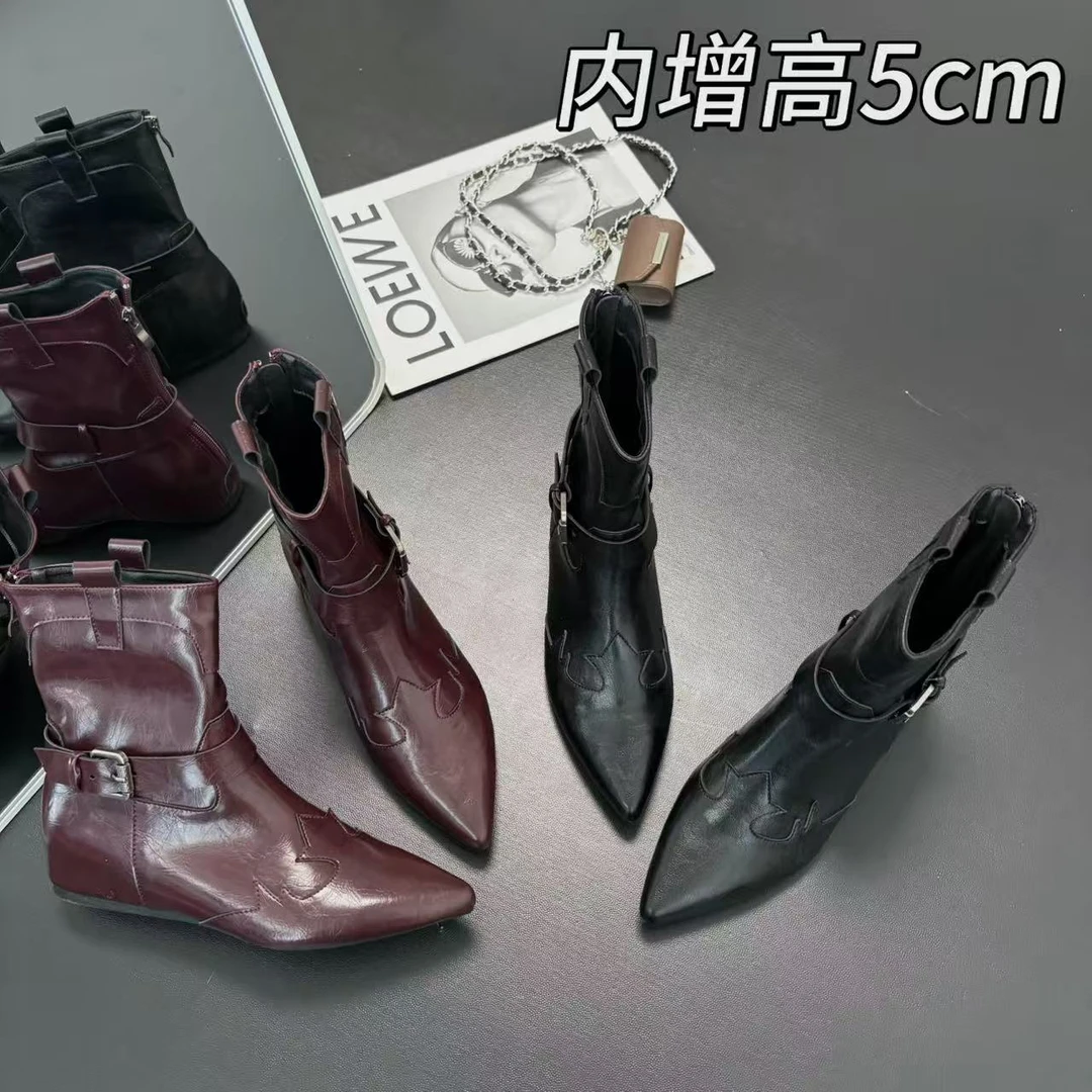 +5cm内增高小个子复古短靴女秋冬马丁靴英伦风红棕色骑士靴