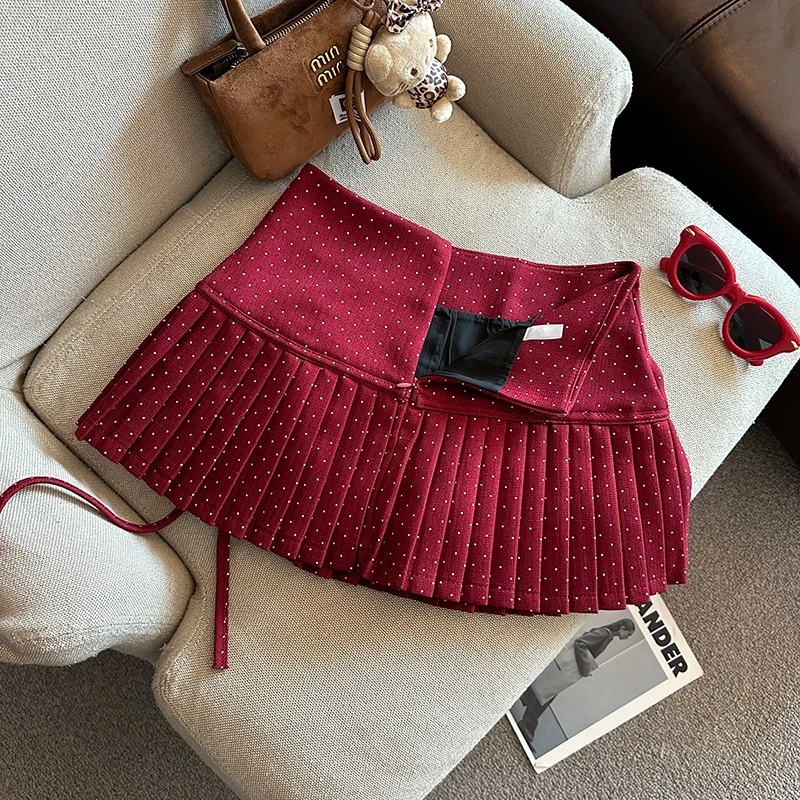 学院风波点百褶半身裙女蝴蝶结系带a字裙小个子圣诞节红色裙子春
