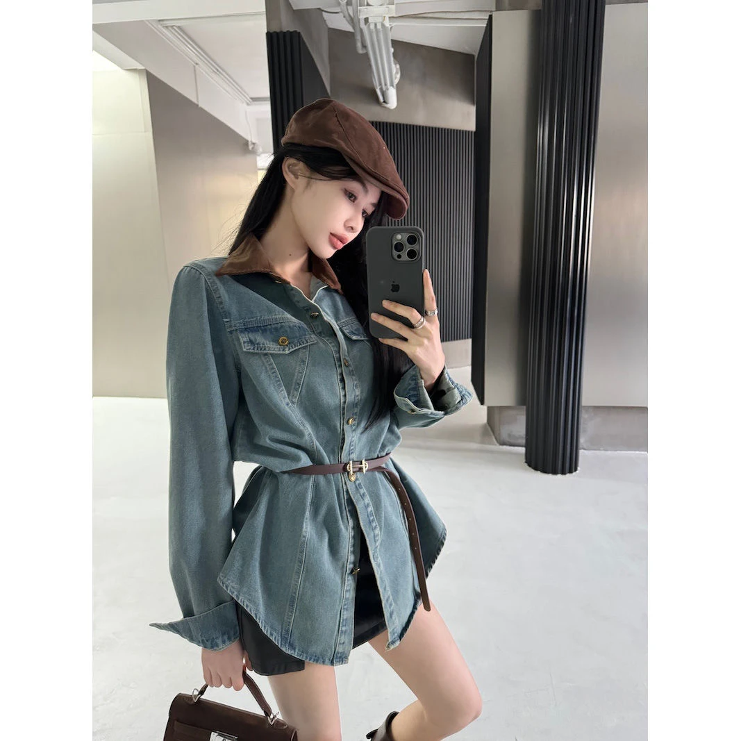 港味复古拼色翻领牛仔衬衫外套女早春秋水洗做旧中长款衬衣潮ins
