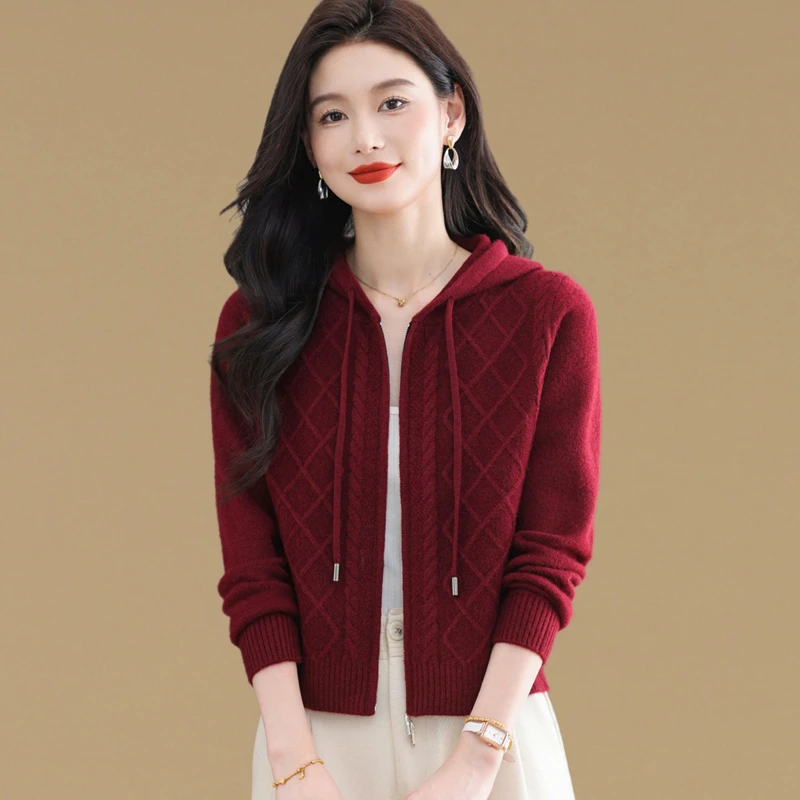 时尚休闲连帽毛衣外套女春秋2025新款小个子高腰显瘦拉链针织开衫