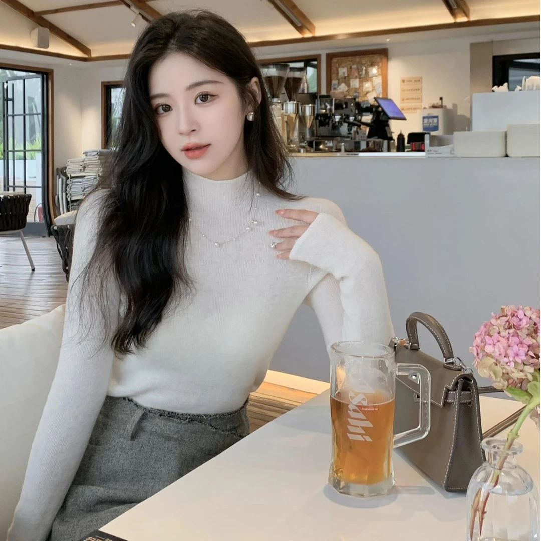 【现货】针织衫网红立领长袖打底宽松深灰色显瘦毛衣内搭女秋冬正肩