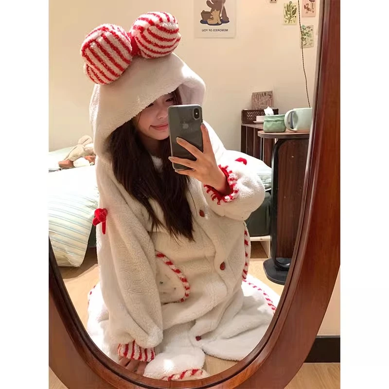 可爱甜美蝴蝶结睡裙睡衣女冬季2025新款加绒加厚家居服睡袍可外穿