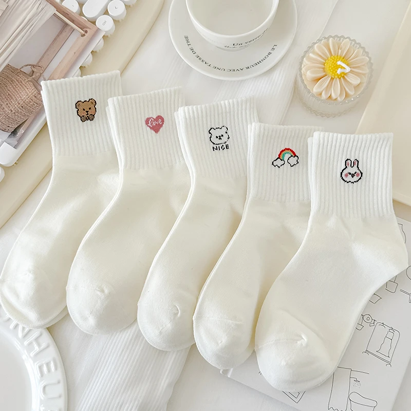 5双春秋奶白袜子女中筒袜透气运动卡通日系甜美中腰外穿ins潮