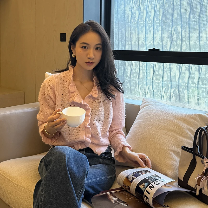 KEEP KAPU靠谱【法式温柔】羊毛+羊驼毛混纺木耳边针织开衫KP250171