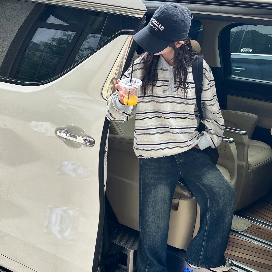 女童美式卫衣套装春秋6-12岁洋气儿童条纹上衣中大童牛仔裤两件套