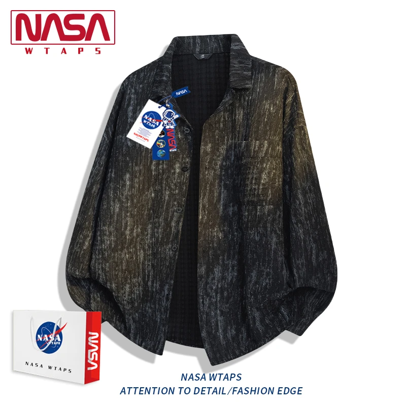 NASA WTAPS水墨国风条纹肌理感衬衫男女小香风小众设计古巴领衬衣