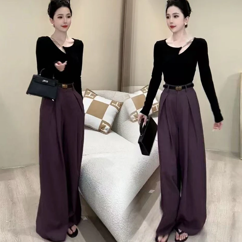 时尚套装女夏季短袖设计感长袖T恤上衣秋季高腰西装阔腿裤两件套