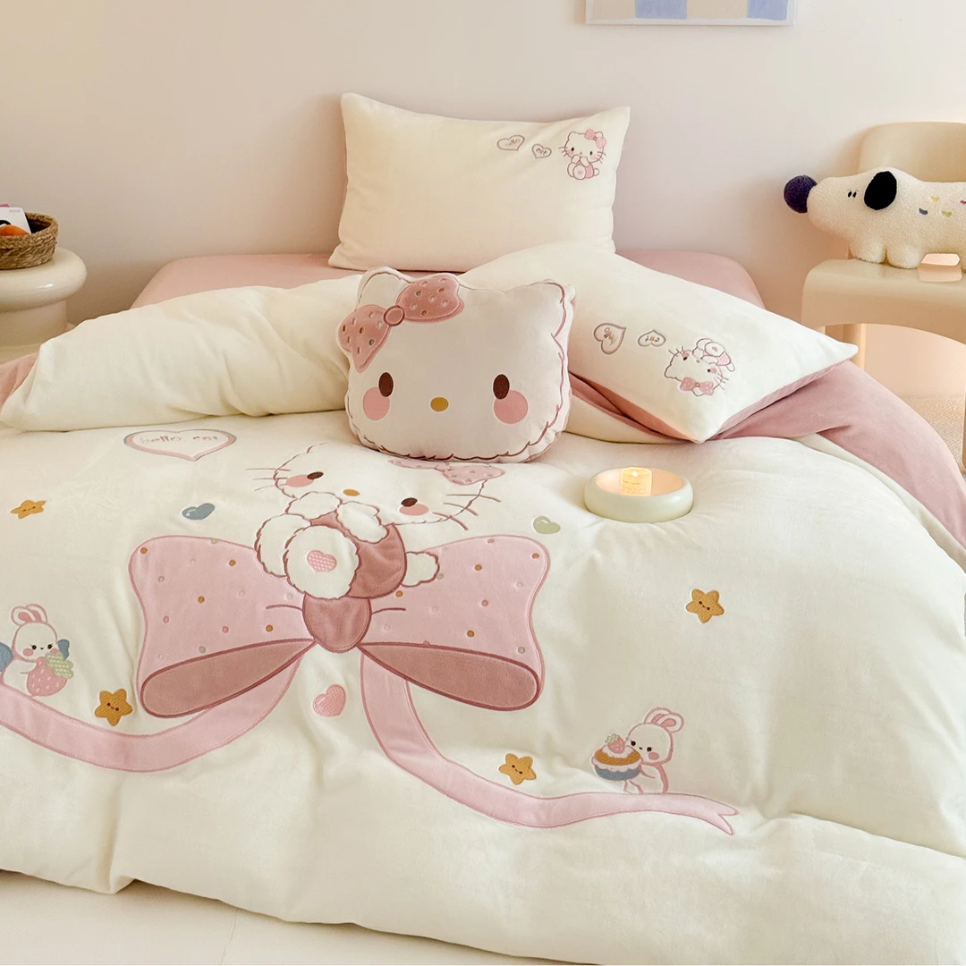 晚安猫少女心可爱贴布绣牛奶绒四件套加厚保暖床单被套床笠床品