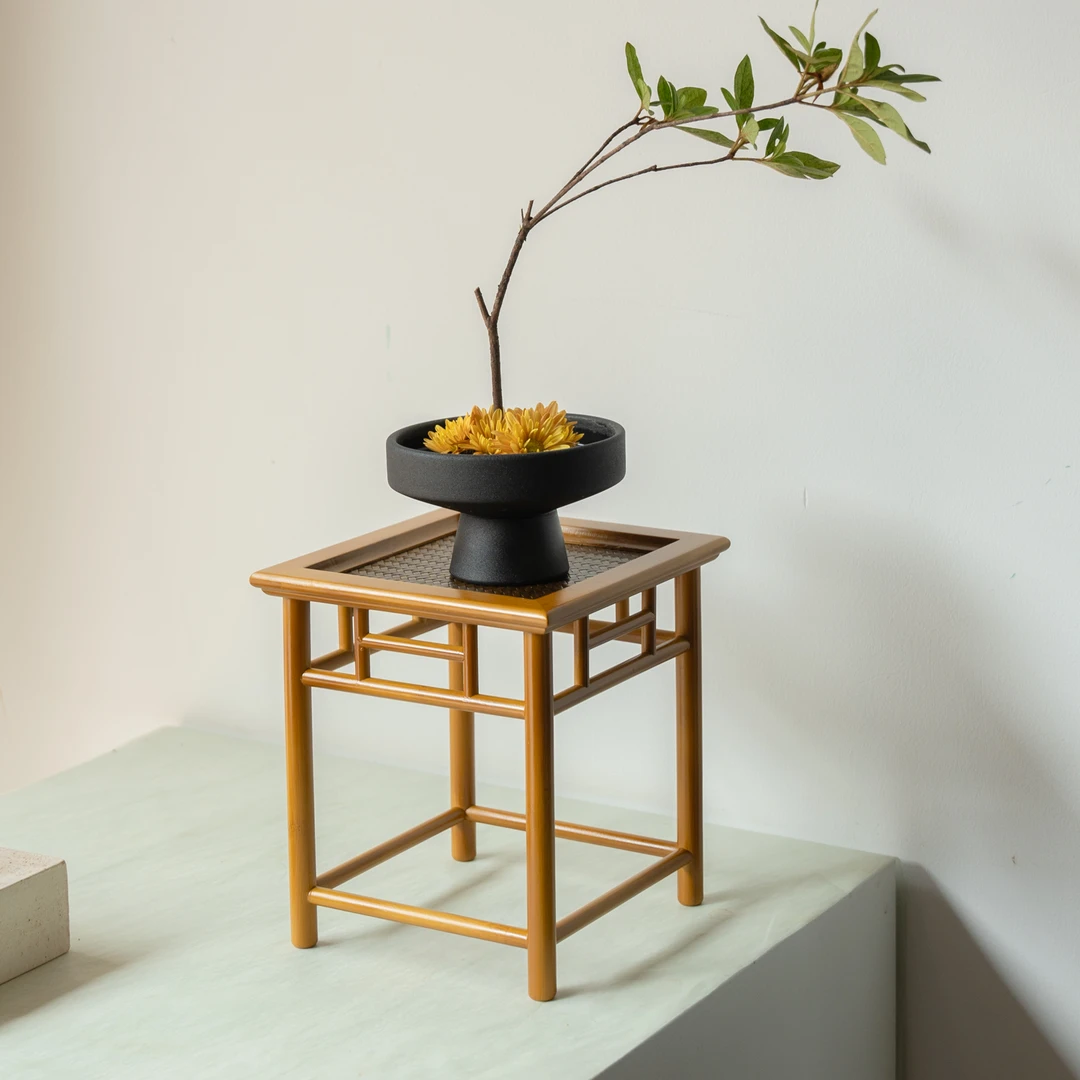 【宽山】小花架茶几手工竹编茶台干泡小桌子摆件壶承展示架