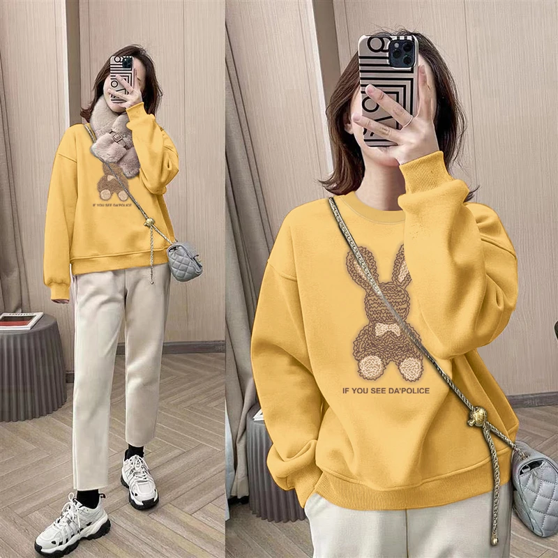 圆领套头打底衫加绒加厚卫衣女2025秋冬新款宽松韩版外套春秋薄款