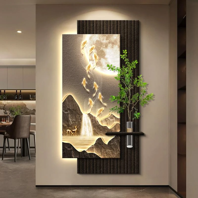 高级山水画入户玄关装饰画LED走廊过道壁画大气水培绿植砂岩灯画