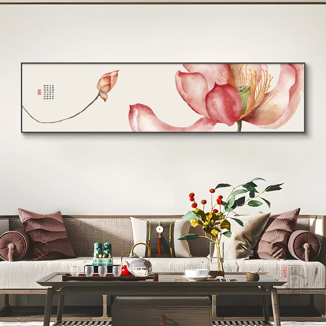 新中式荷花装饰画客厅沙发背景墙挂画禅意茶室好寓意卧室床头壁画