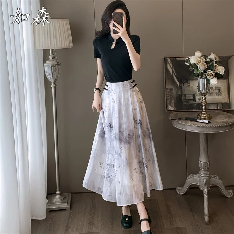 中式国风改良马面裙水墨套装裙女夏新款修身短袖雪纺半身裙两件套