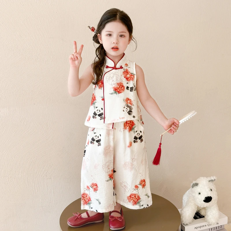 汉服女童中式无袖套装夏季儿童古装背心阔腿裤两件套宝宝国风衣服