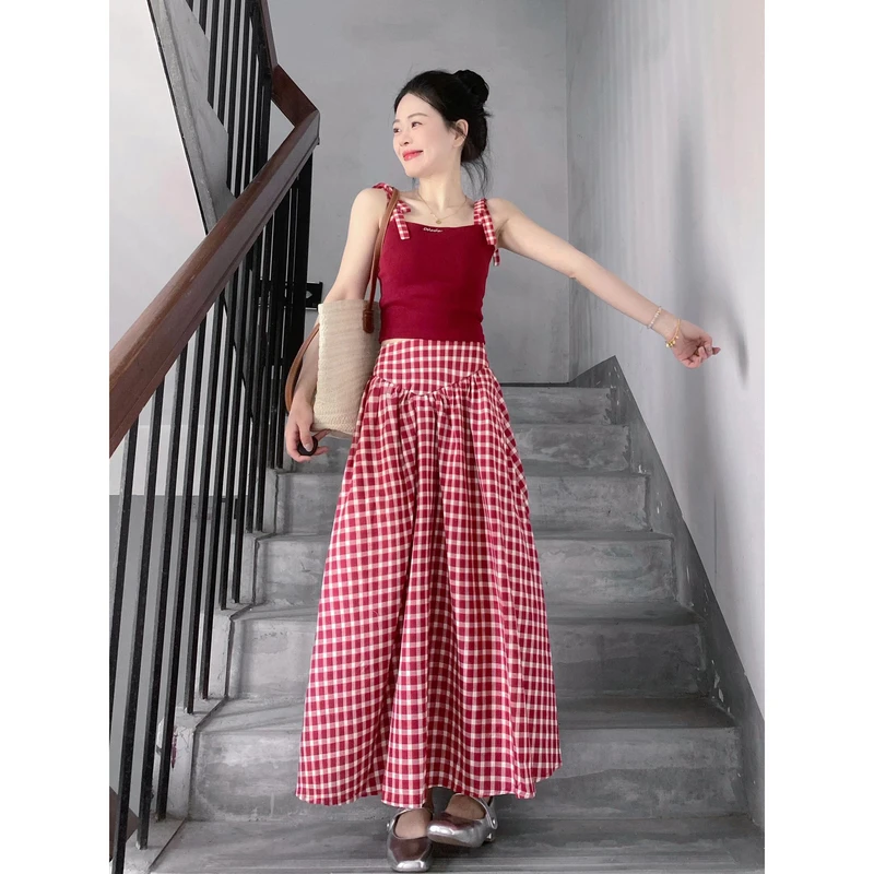 2025法式复古红色针织套装甜辣风格纹半身裙两件套女春夏高级感