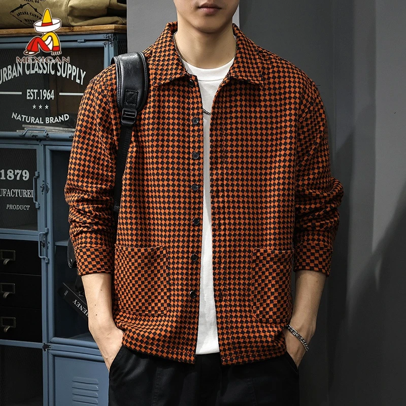 Mexican/稻草人秋季潮牌格子衬衫男款宽松休闲提花衬衣长袖外套潮