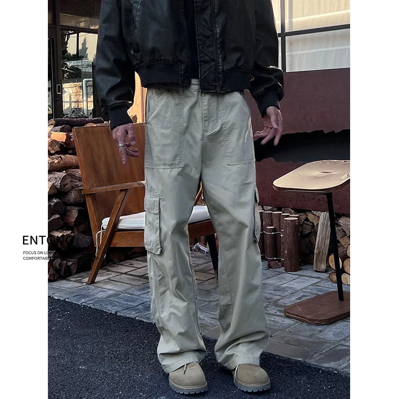Entong美式街头灰杏色工装裤男复古大口袋设计百搭宽松直筒牛仔裤