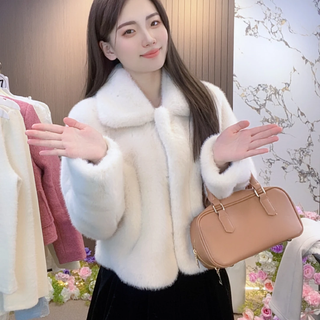 2025新款水貂皮毛一体翻领保暖毛毛外套韩版冬季加厚环保短皮草女